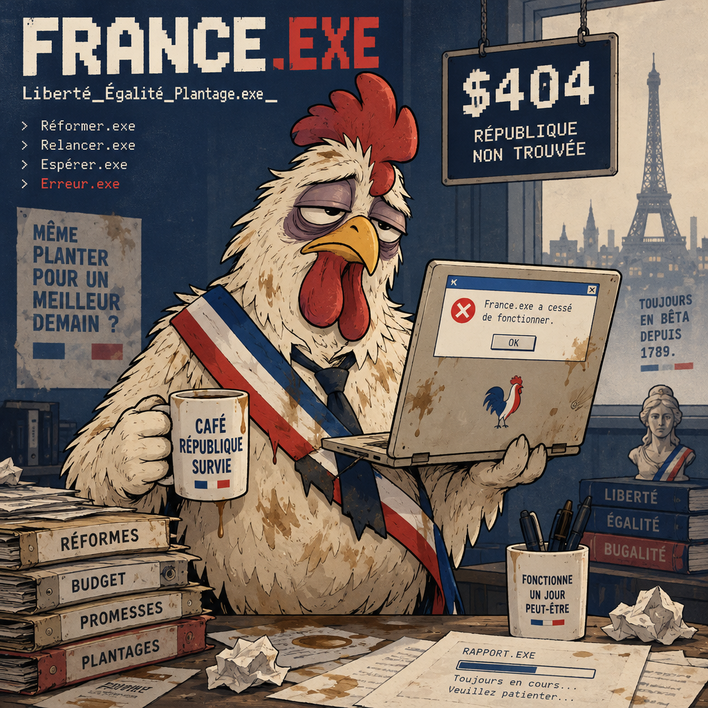 Pascal, an exhausted French rooster with a crooked tricolor sash and battered government laptop